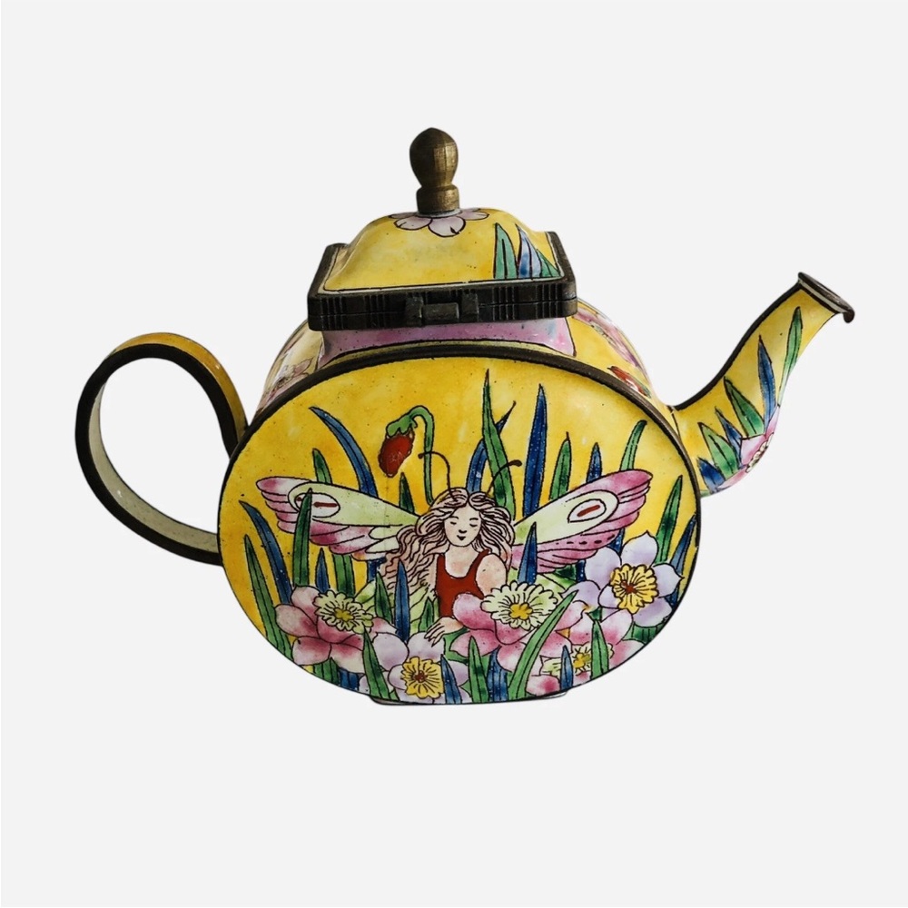 1999 Kelvin Chen Miniature Enamel Copper Decorative Teapot Garden Fairy